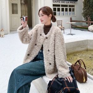 公主小香风洋气皮毛一体仿皮草女冬季加厚高级感羊羔毛短款棉服图片