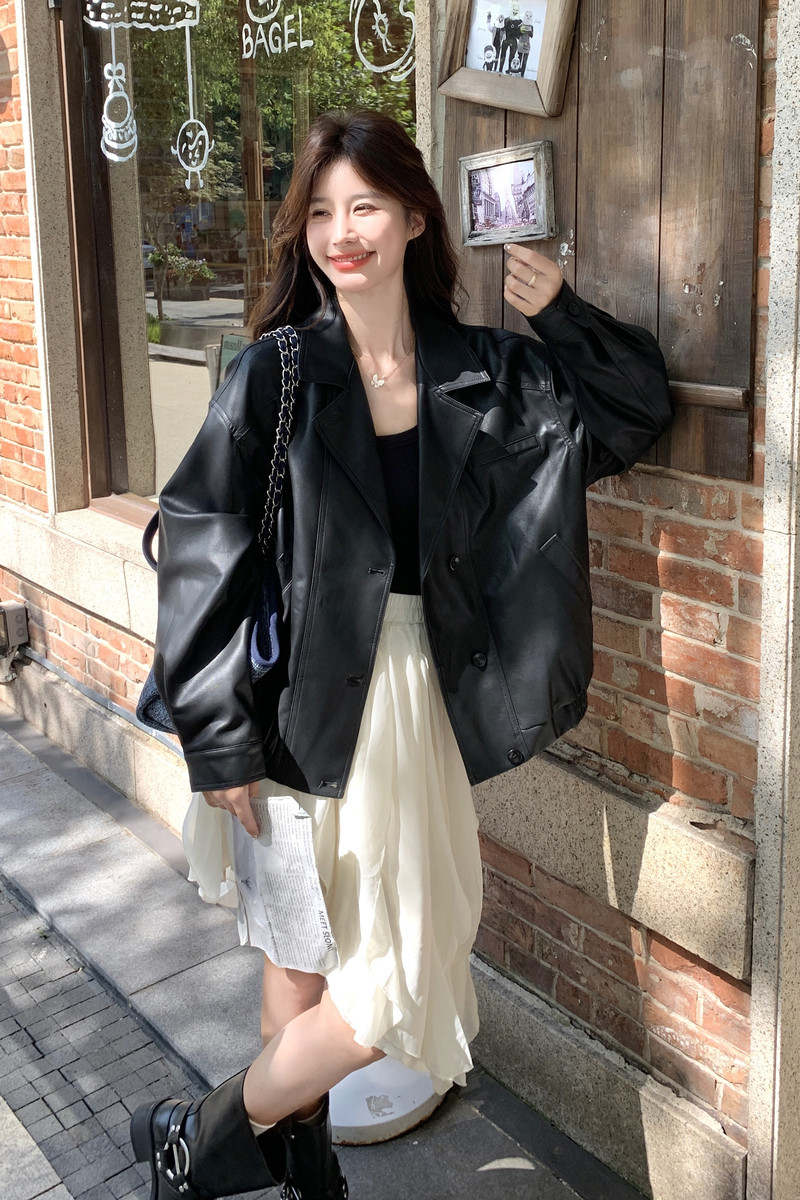 黑色皮衣外套女新款高级感短款夹克今年西装流行小个子美式复古,女装皮衣,2C166