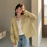 拼接宽松型学院风街头风短款皮衣百搭显瘦韩系机能风春秋小个子，女装短外套，2C177