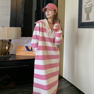 多巴胺甜妹娃娃领粉色条纹卫衣连衣裙女春秋2025新款超火好看长裙图片