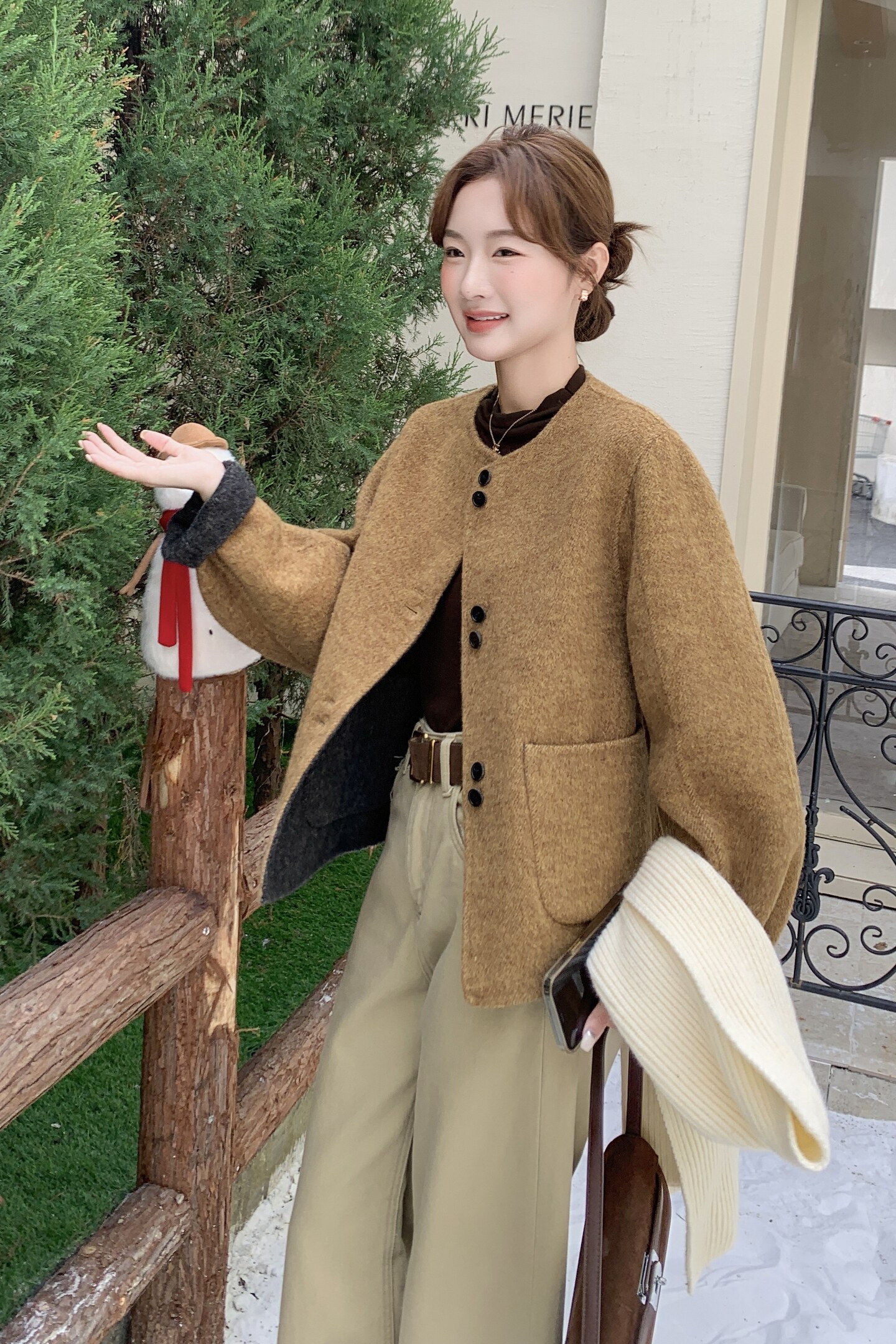 咖色小香风两面穿双面呢羊毛外套女秋冬2025新款设计超火气质大衣,女装毛呢外套,2C087