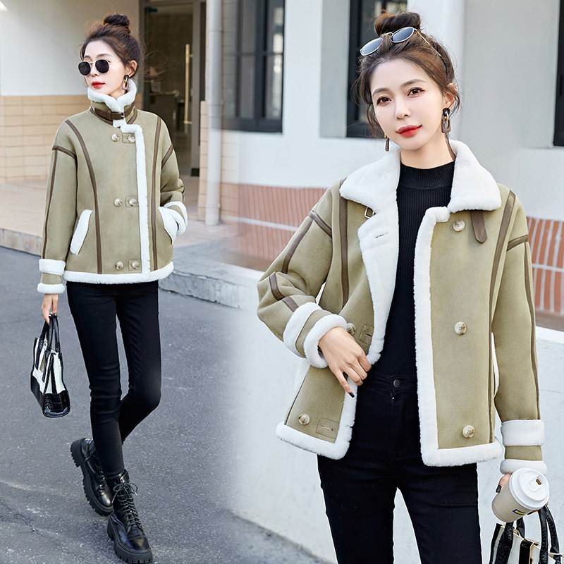 冬季宽松鹿皮绒羊羔毛外套女2022皮毛一体百搭立领机车服加绒加厚，女装棉衣/棉服，自然秀,女装棉衣/棉服,自然秀