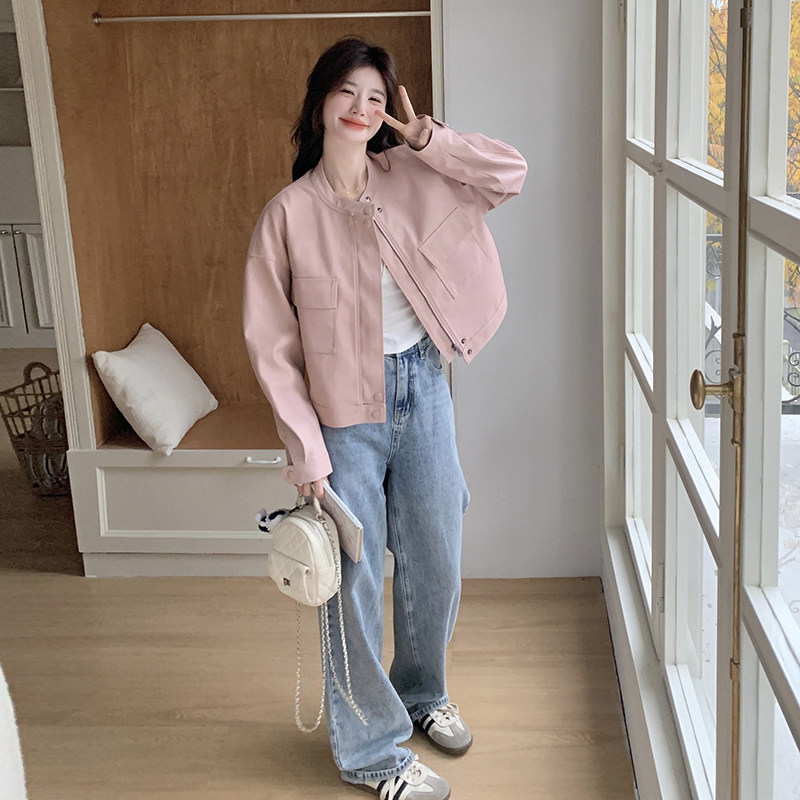 粉色立领皮衣外套女2025年新款春季chic韩系小个子机车风百搭夹克,女装皮衣,2C320
