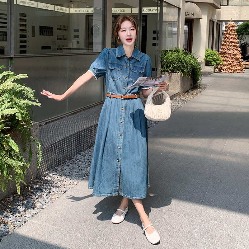 时尚牛仔连衣裙女学院风2025夏季新款高级感修身气质短袖长款裙子,女装连衣裙,2C126