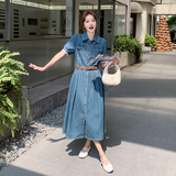 时尚牛仔连衣裙女学院风2025夏季新款高级感修身气质短袖长款裙子，女装连衣裙，2C126