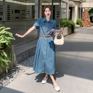时尚牛仔连衣裙女学院风2025夏季新款高级感修身气质短袖长款裙子图片