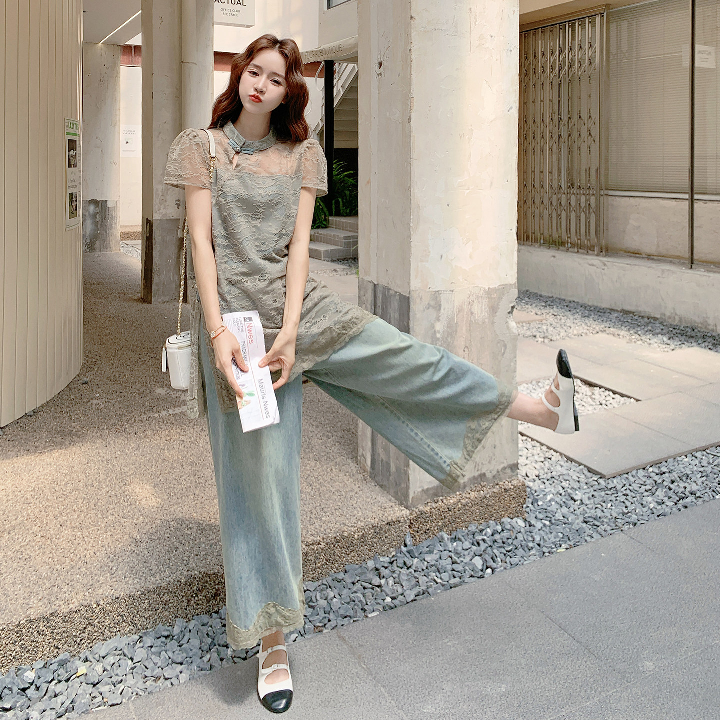 新中式轻薄蕾丝上衣牛仔阔腿裤套装女2025夏新款国风小个子两件套,女装套装/套裙,2C332