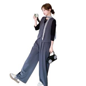 灰色韩系气质一整套西装套装女2025秋季新款高腰阔腿休闲裤三件套图片