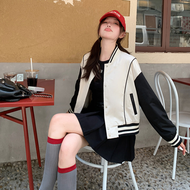 短款棒球服外套女春秋2025新款高级感设计小众宽松撞色夹克上衣潮,女装短外套,2C057