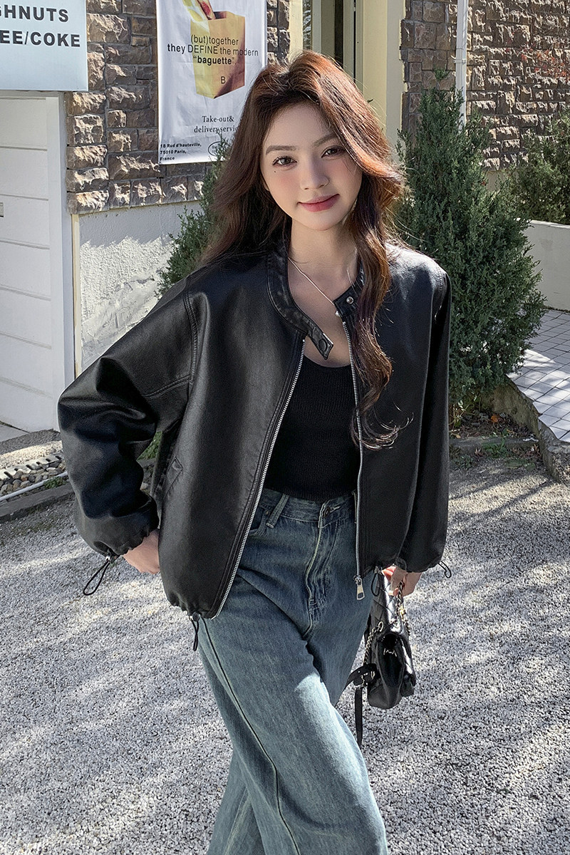 棕色PU皮衣外套女新款2025年秋季新款小个子高级感皮夹克短款上衣,女装皮衣,2C215