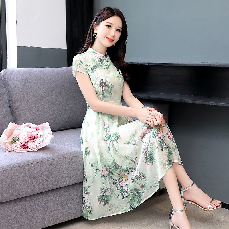 精品旗袍2025年夏季时尚气质优雅印花旗袍连衣裙,女装连衣裙,锦绣伊人