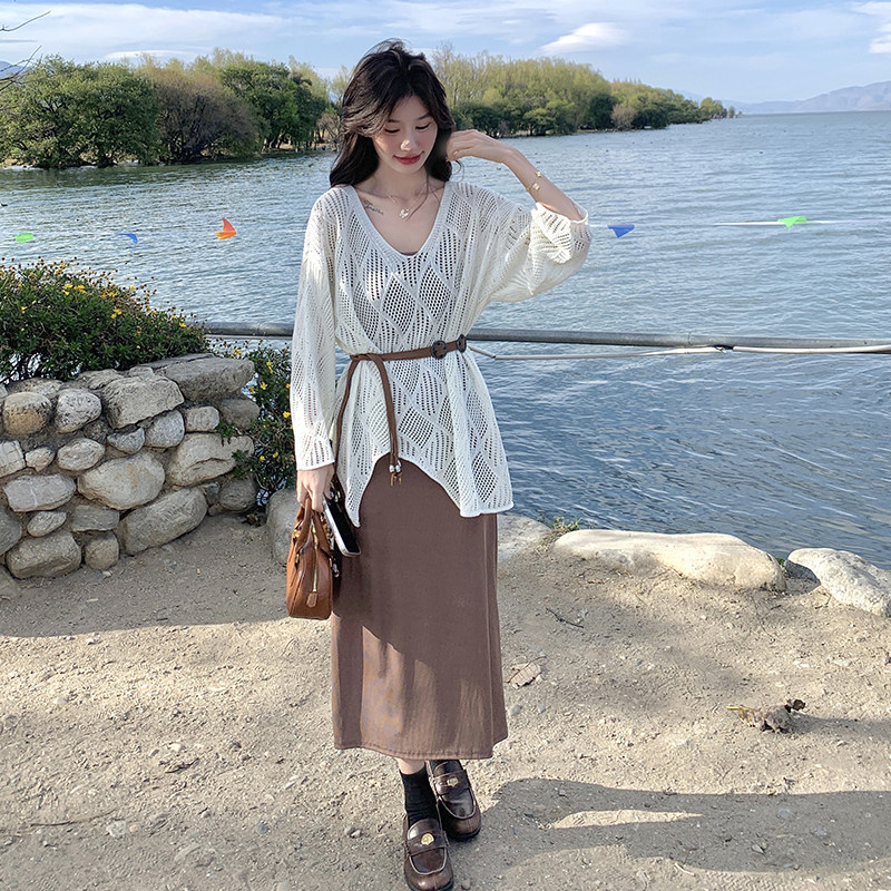 法式度假风一整套穿搭女春夏2025年新款减龄吊带裙叠穿罩衫两件套,女装连衣裙,2C177