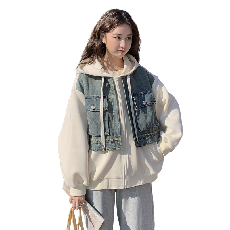 【现货】连帽牛仔拼接休闲大码卫衣外套2C353--8618--p135--k188,女装短外套,2C353