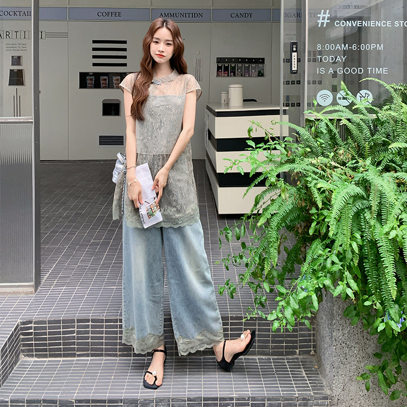 复古盘扣罩衫牛仔阔腿裤套装2025新款女夏季新中式蕾丝旗袍一整套,女装套装/套裙,2C126