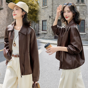 时尚翻领宽松pu皮衣外套女2025秋新款显瘦百搭休闲超好看夹克上衣图片