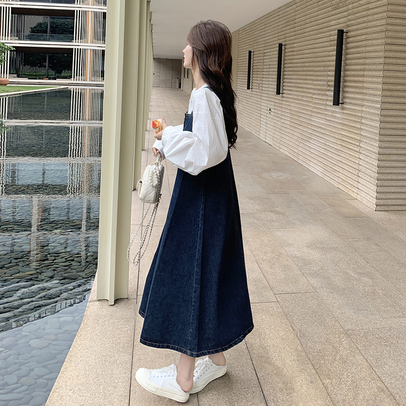 韩系甜美减龄牛仔背带裙套装女学院风衬衫长裙两件套6151P160K238,女装套装/套裙,2C166