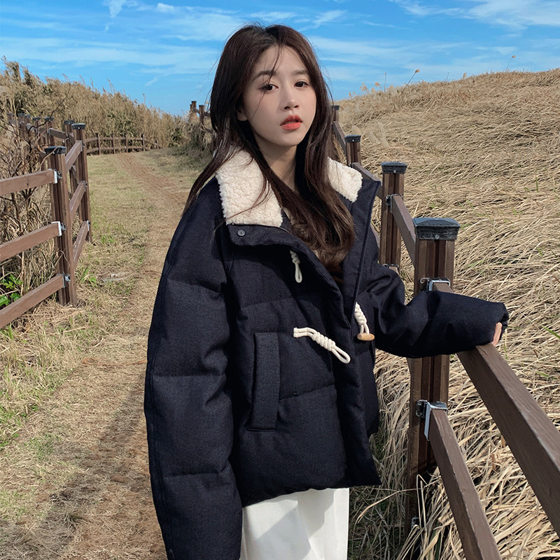 藏青色牛角扣短款羽绒服女2025冬季新款学院风加厚小个子面包服潮图片