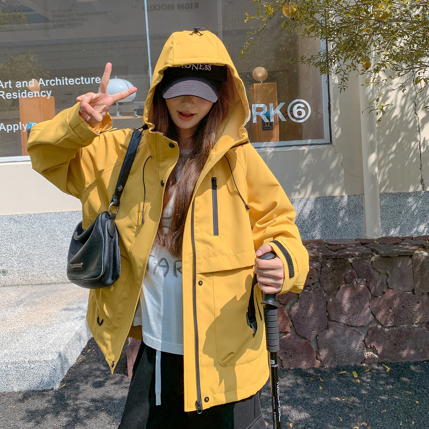 韩系撞色拼接休闲黄色冲锋衣外套女春秋2025新款小个子减龄巨好看,女装大码女装,2B154