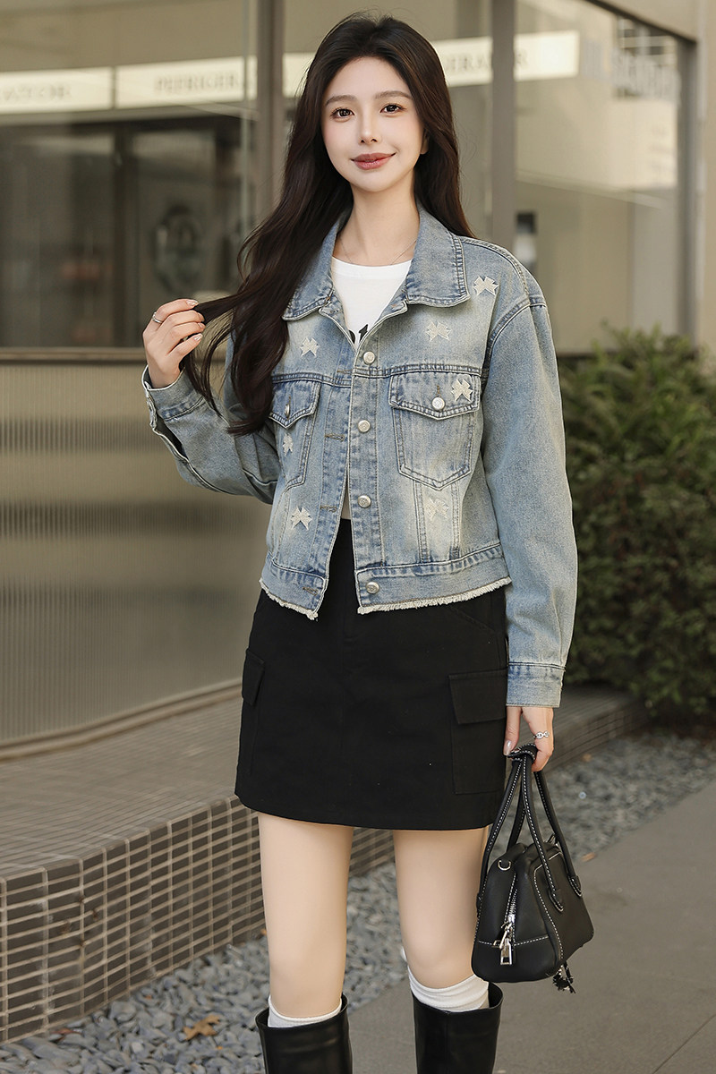 女装牛仔短外套单排扣长袖翻领2025年春季新款小个子上衣,女装短外套,安在秀（1C042）