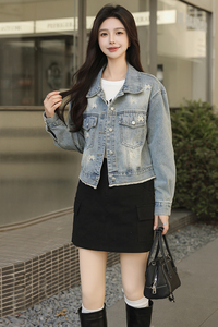 女装牛仔短外套单排扣长袖翻领2025年春季新款小个子上衣图片
