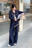 ins港风牛仔套装女春2025新款韩版高腰时尚工装上衣阔腿裤两件套，女装套装/套裙，2C177