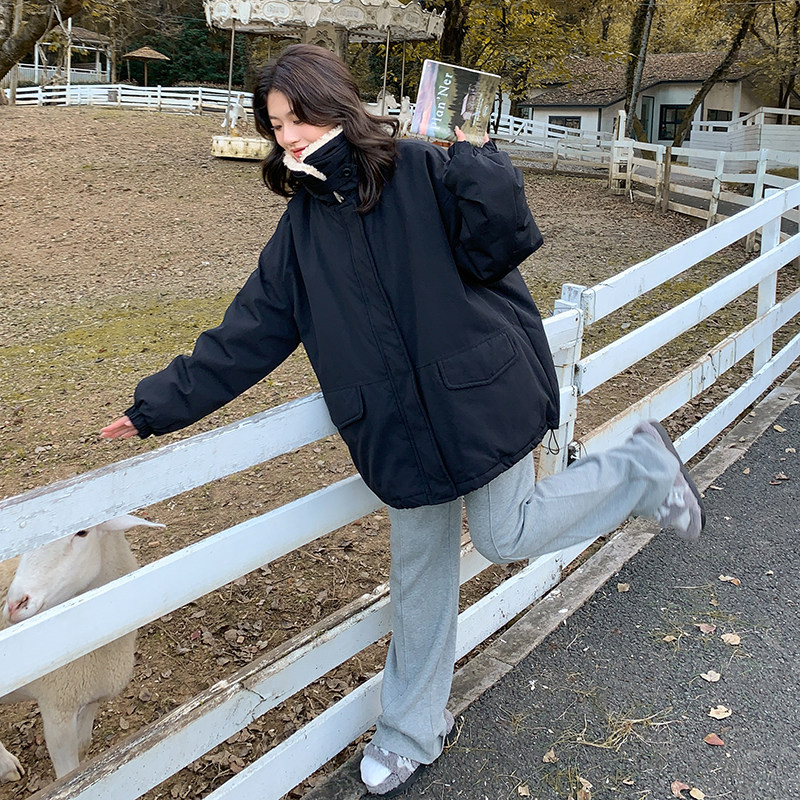 羊羔毛领黑色派克羽绒服女冬超火巨好看高级小众加绒加厚工装外套,女装羽绒服,2C086