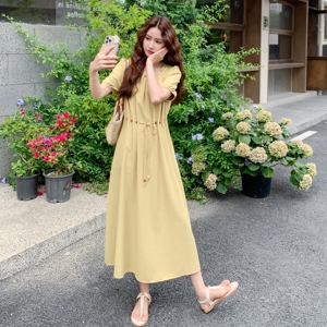 法式气质圆领泡泡袖连衣裙女2025夏季新款收腰显瘦冰凉垂感长裙子图片