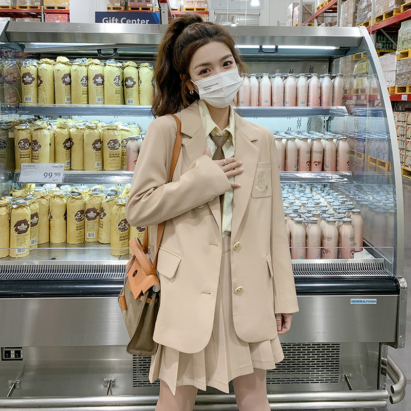韩版粉色减龄西装套装女2025年春秋季新款学院风显瘦百褶裙两件套,女装套装/套裙,2C299