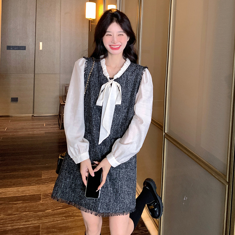 灰色背心连衣裙女长袖中长裙2025春季新款气质超好看减龄蕾丝,女装连衣裙,2C166