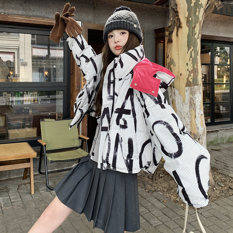 玫红色撞色拼接羽绒服女冬季2025新款韩系短款工装加厚爆款外套图片