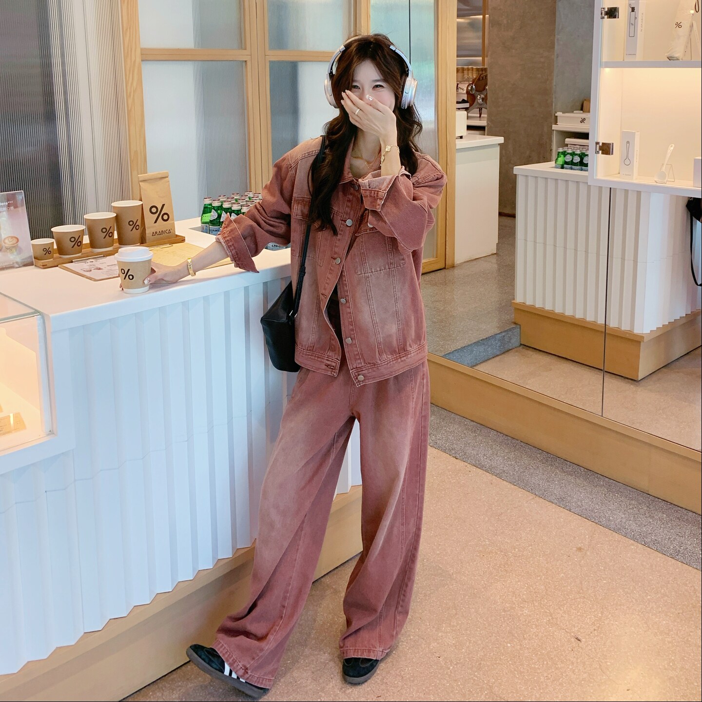 2025复古牛仔套装女新款休闲宽松长袖外套高腰直筒长裤两件套,女装套装/套裙,2C012