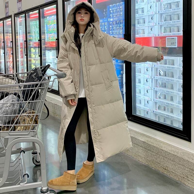 高级感灰色羽绒服女冬季新款学生加厚保暖90白鸭绒过膝长款外套,女装羽绒服,2C139
