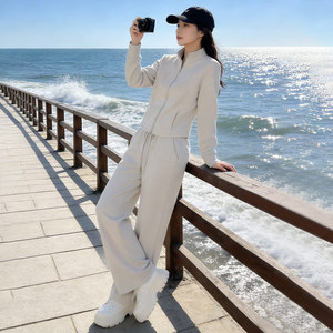 休闲运动套装女装春季新款修身显瘦开衫卫衣阔腿裤两件套时尚减龄图片