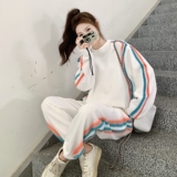 白色学院风运动套装女2025秋季韩版条纹撞色长袖卫衣阔腿裤两件套，女装套装/套裙，2C325
