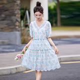 2025新款夏季女装V领钉珠气质显瘦减龄蕾丝泡泡袖连衣裙，女装连衣裙，丽莎妳雅