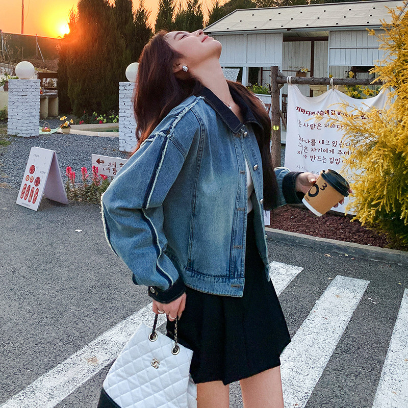 舒适秋季纯色水洗硬汉风春季牛仔短外套短款少女风女春秋小个子,女装短外套,2C092