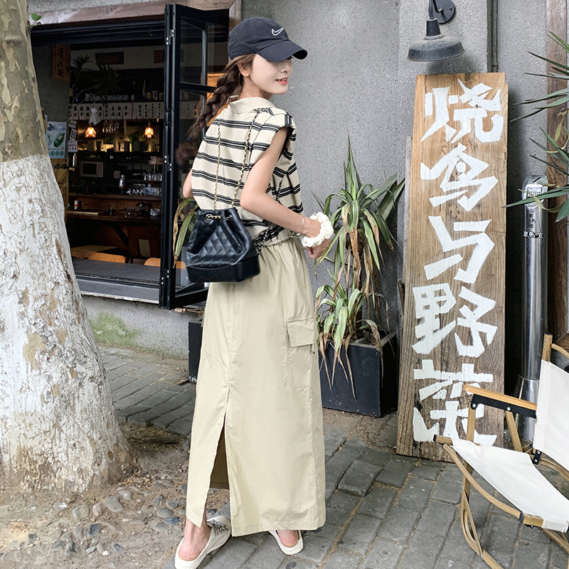 酷飒拽姐套装裙女2025夏季新款休闲条纹无袖上衣工装半身裙两件套,女装套装/套裙,2C166