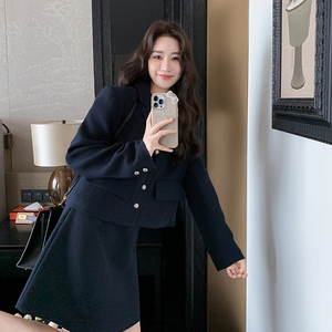 藏青色韩系西服短裙套装女2025春秋新款高级感气质休闲显瘦两件套图片