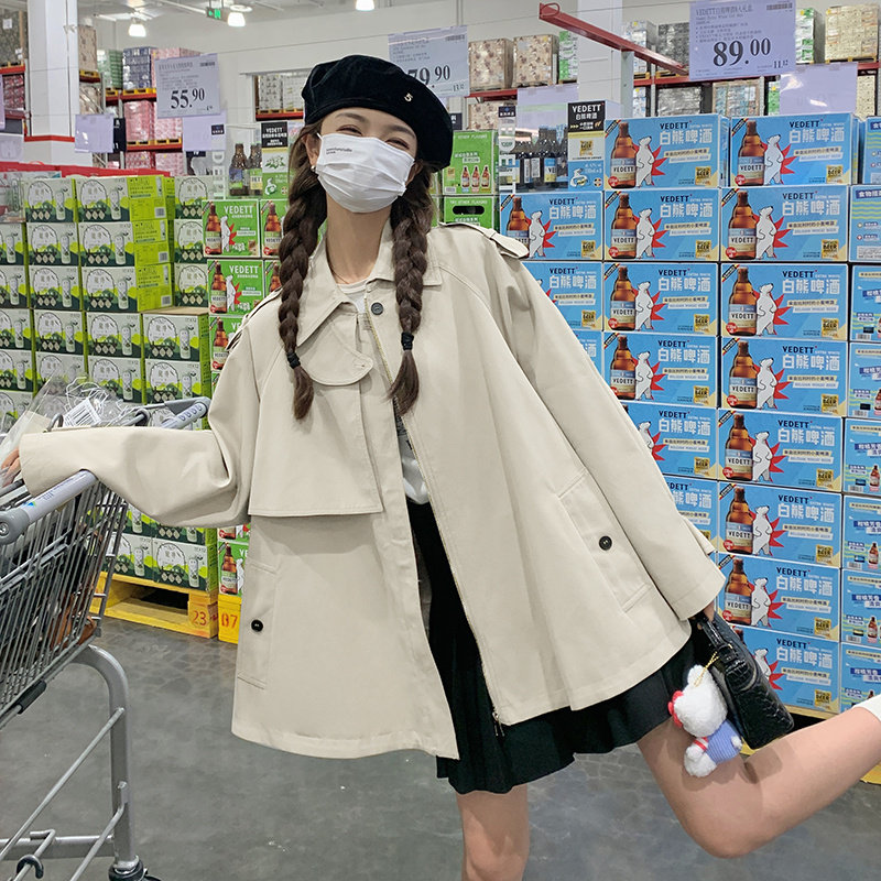 独特超火好看卡其色斗篷风衣外套女春秋2025年高级感短款韩系大衣,女装风衣,2C112