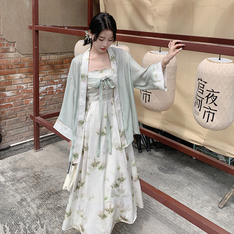 现货 新中式风两件套连衣裙显瘦气质优雅吊带长裙2913P135K198图片