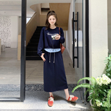 假两件条纹拼接藏青色卫衣套装裙女春秋季大方得体穿搭超火两件套，女装套装/套裙，2D043