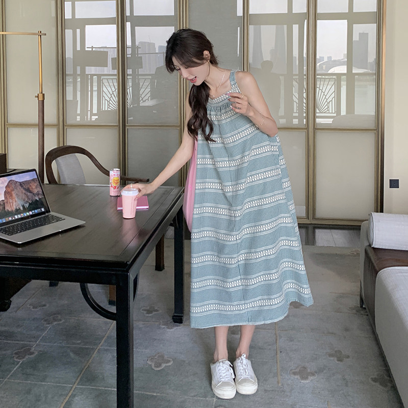森系桔梗格子吊带连衣裙女2025夏季新款韩系宽松减龄小个子长裙潮,女装连衣裙,2C201