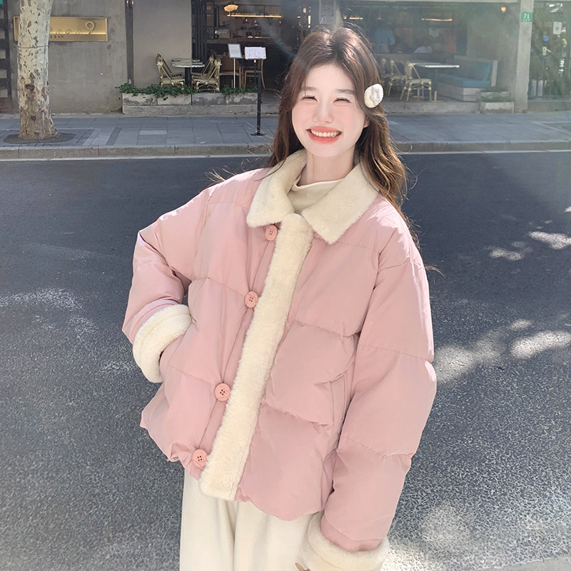 羊羔毛拼接粉色羽绒服女冬季小个子温柔风90白鸭绒韩系短款面包服,女装羽绒服,2B222