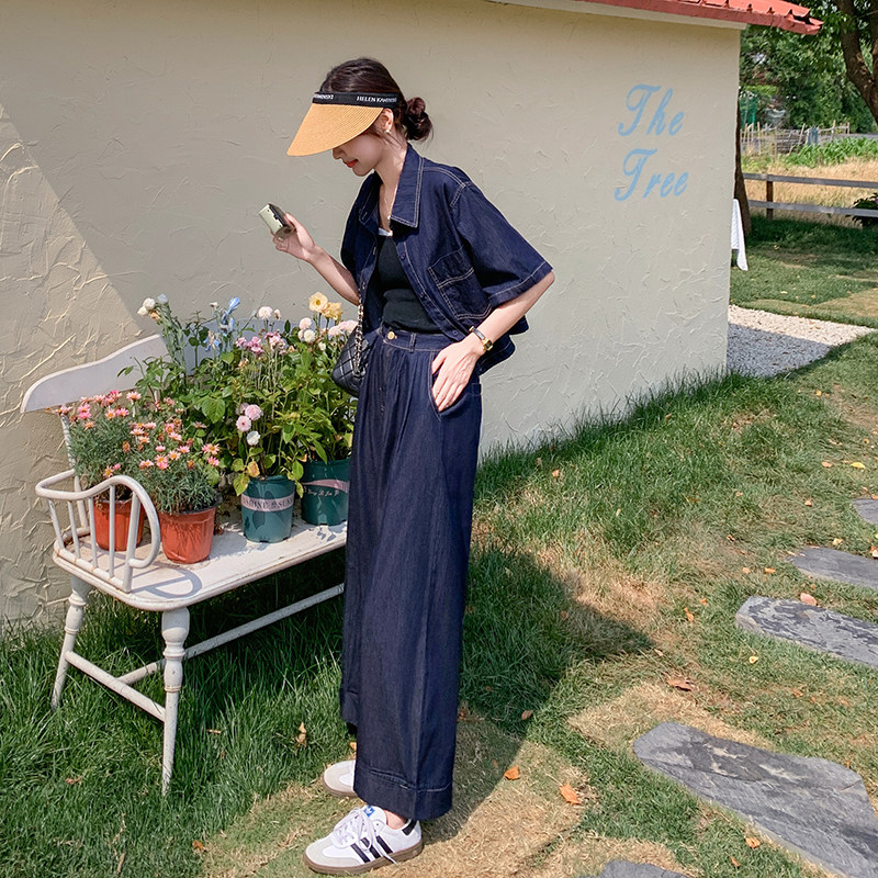 盐系轻熟风薄款天丝牛仔短袖上衣阔腿裤套装两件套女夏季时尚洋气,女装套装/套裙,2C135