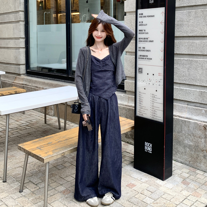 韩系气质通勤休闲风开衫套装女2026秋季新款吊带牛仔阔腿裤三件套,女装套装/套裙,2C159