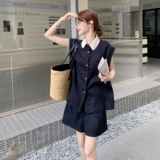 藏青色蕾丝翻领无袖衬衫上衣套装女2025夏新款休闲阔腿短裤两件套，女装套装/套裙，2C258