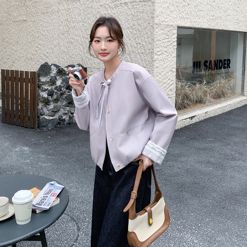 【26现货新款】春拼接短款单排扣圆领皮衣外套,女装皮衣,2C215