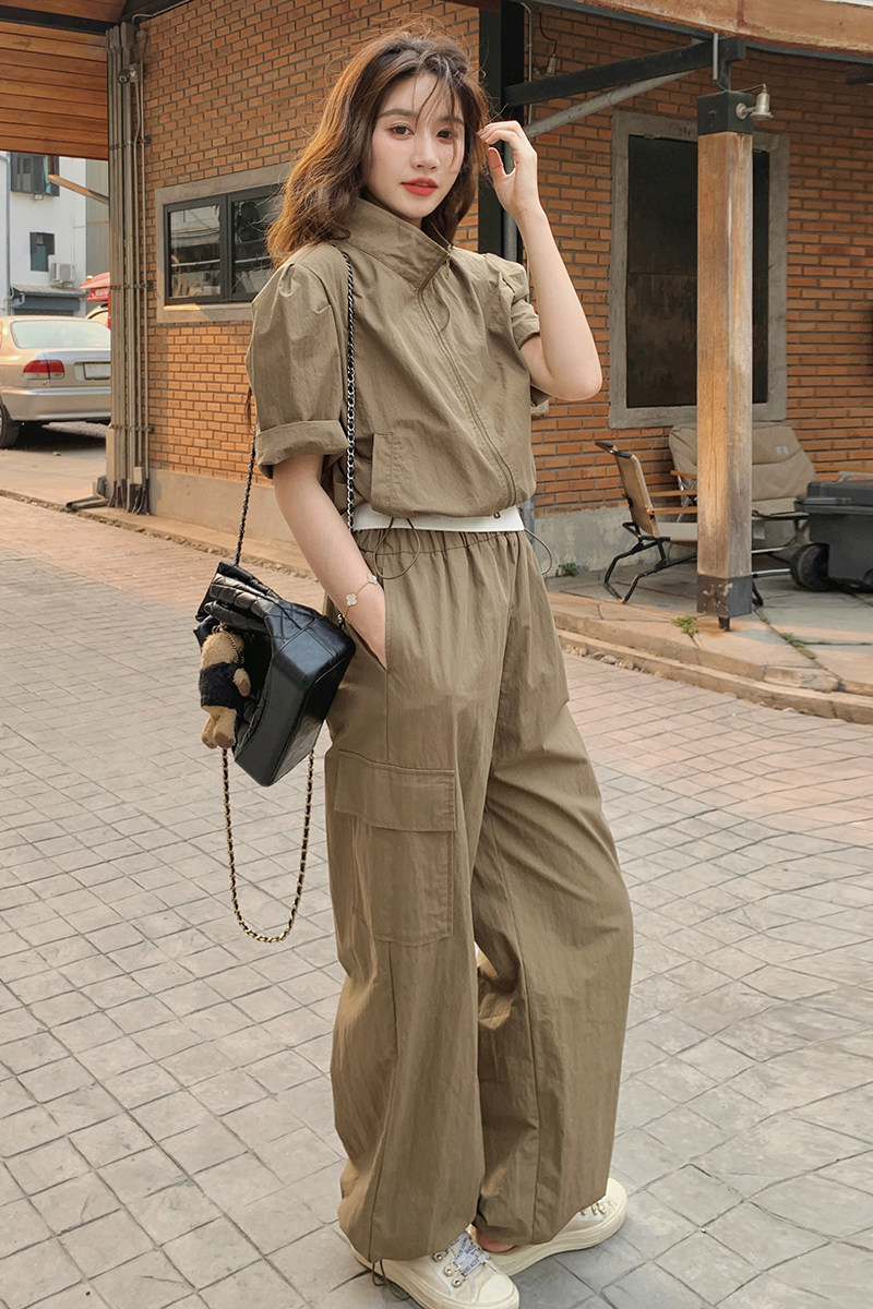 新品军绿色休闲工装短袖上衣裤子两件套2577-P145-K218,女装套装/套裙,2C159