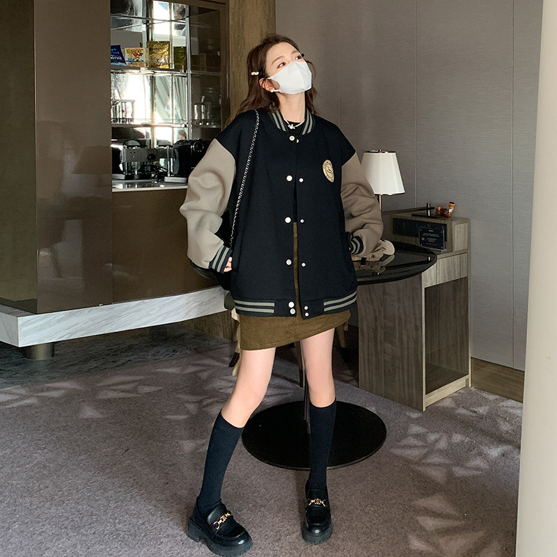 女短外套初秋穿搭黑色女棒球服短款小个子宽松拼接春秋小个子短款,女装短外套,2C170
