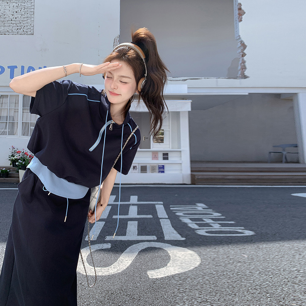 现货2025夏季新款藏青蓝卫衣时尚套装裙2C233-A159-P145-K209,女装套装/套裙,2C233
